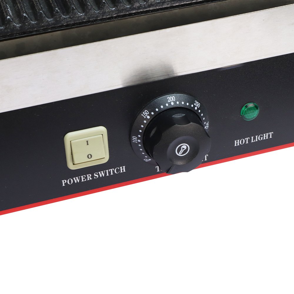 Dual head commercial panini grill with one upper plate opened and one closed