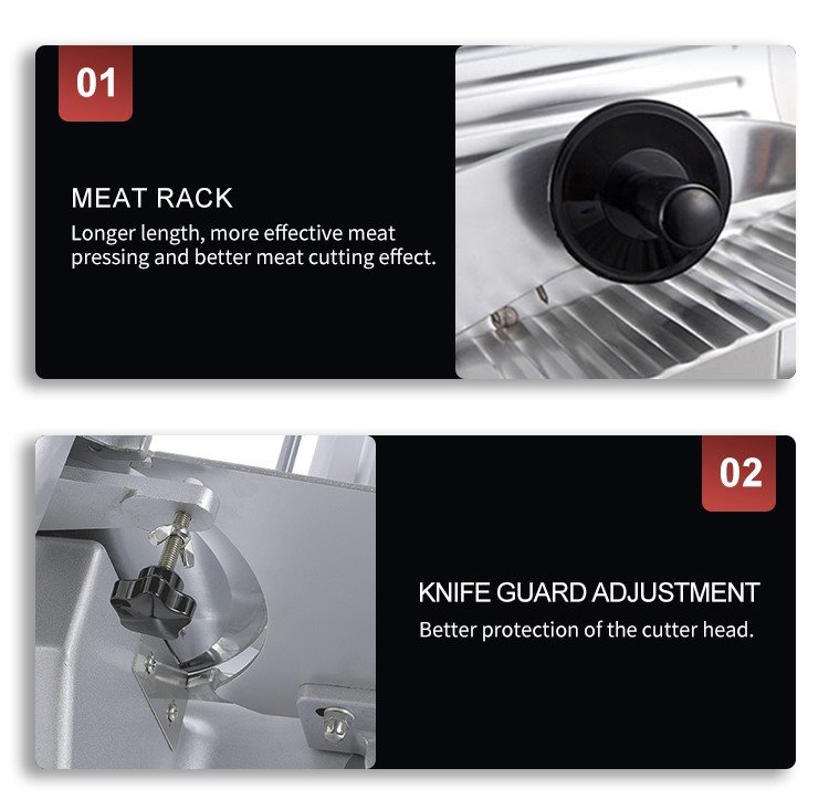 Feature callouts showing elongated meat pressing rack and knife guard adjustment