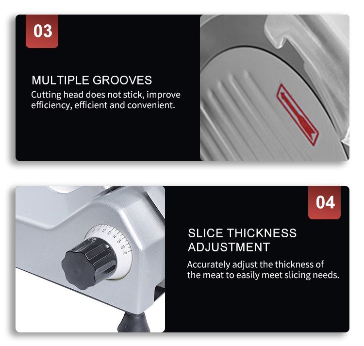 Feature breakdown showing non-stick blade grooves and precision slice thickness dial
