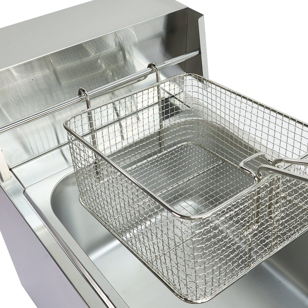 Reinforced stainless steel frying basket with front hanger hook mounted on fryer riser