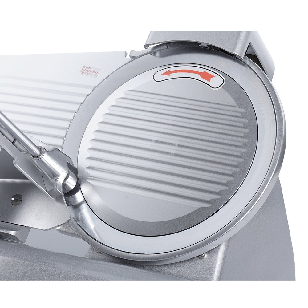 Close-up shot of 12-inch grooved circular slicing blade with non-stick grooves