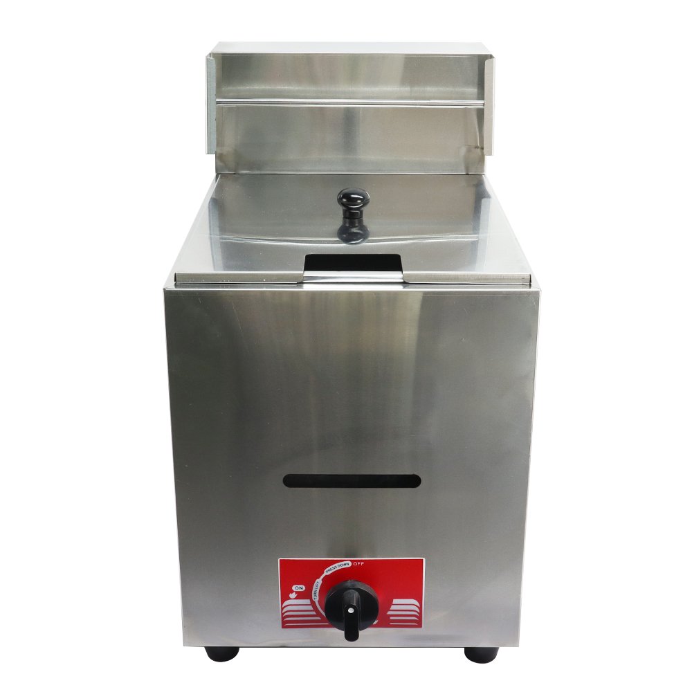 Front straight view of 6L commercial gas deep fryer showing flame observation slot and lid