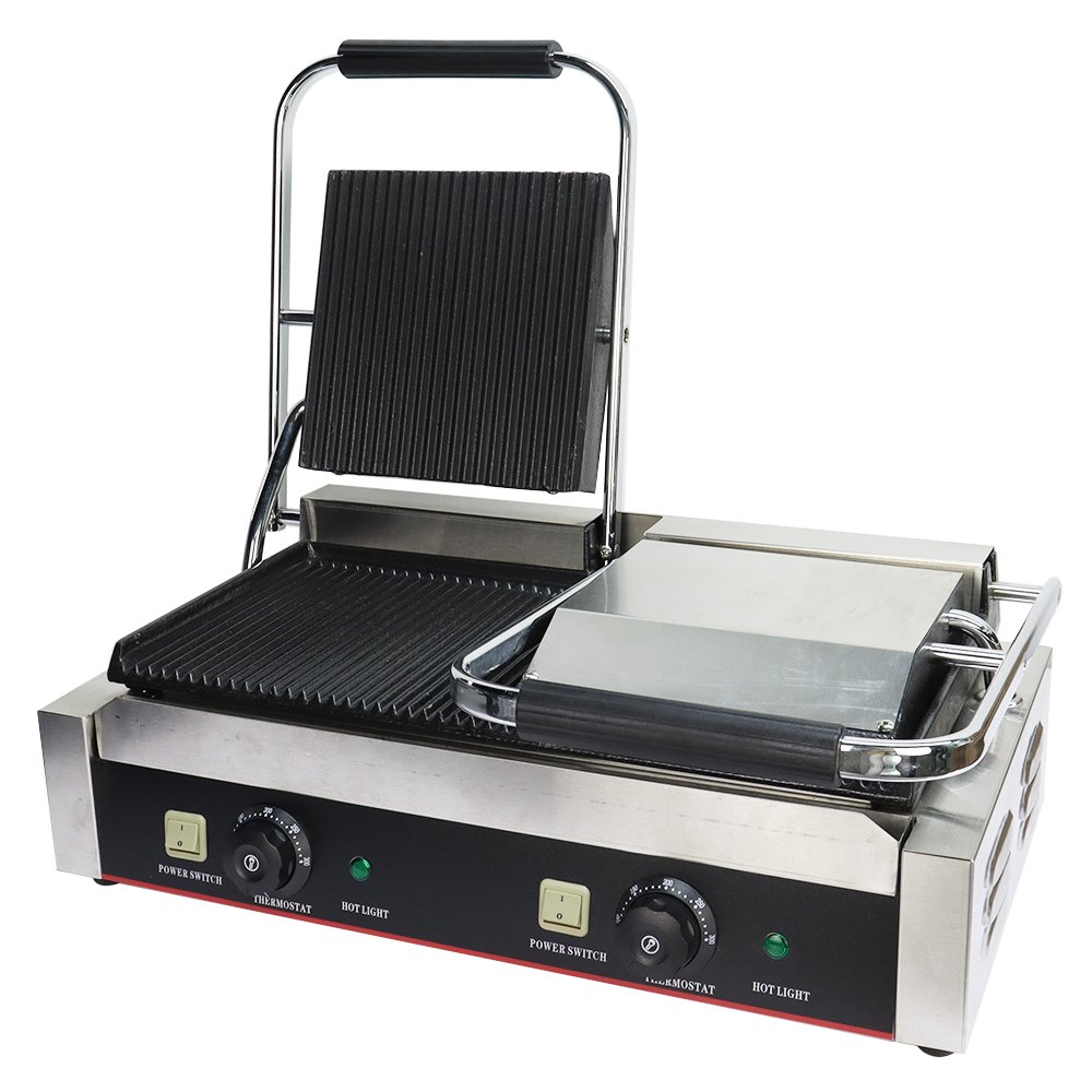 Commercial double panini grill with left upper plate raised and right plate closed