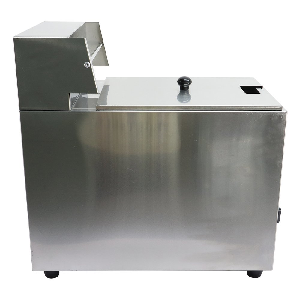Side profile view of stainless steel single tank commercial gas deep fryer