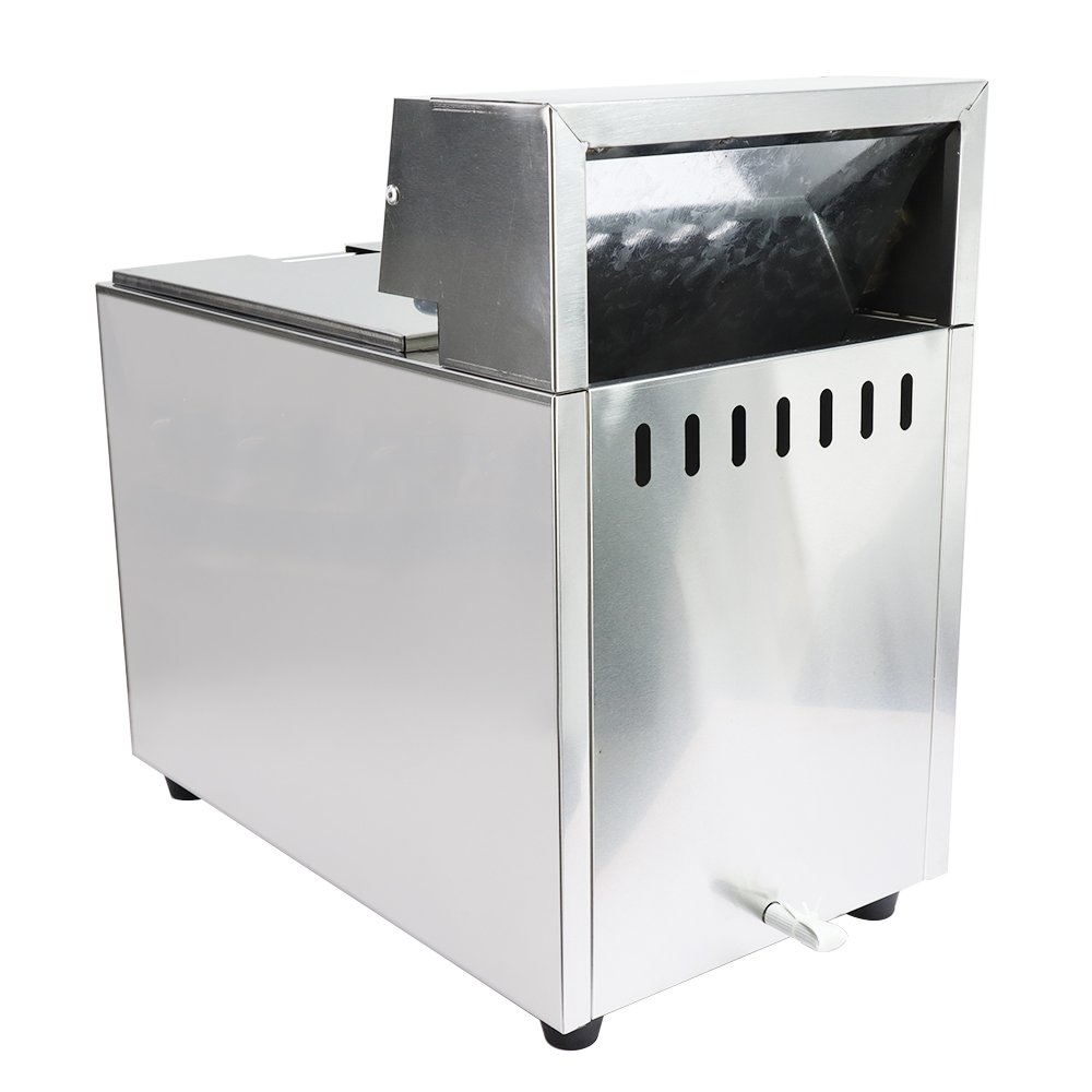 Rear view of gas deep fryer showing rear ventilation louvers and copper gas inlet connector