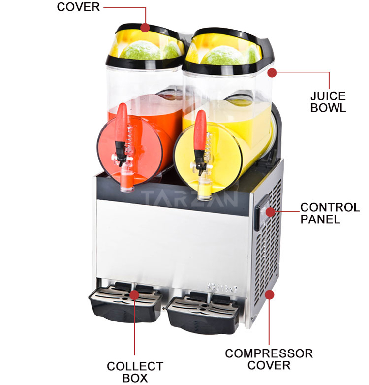 Component diagram showing clear juice bowls illuminated covers and control panel