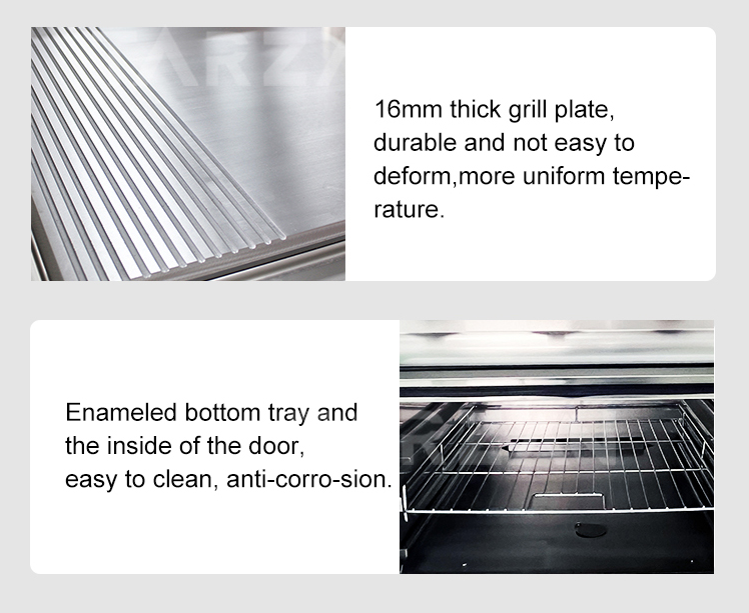 Close-up view of 16mm thick combination griddle plate and enameled interior oven chamber