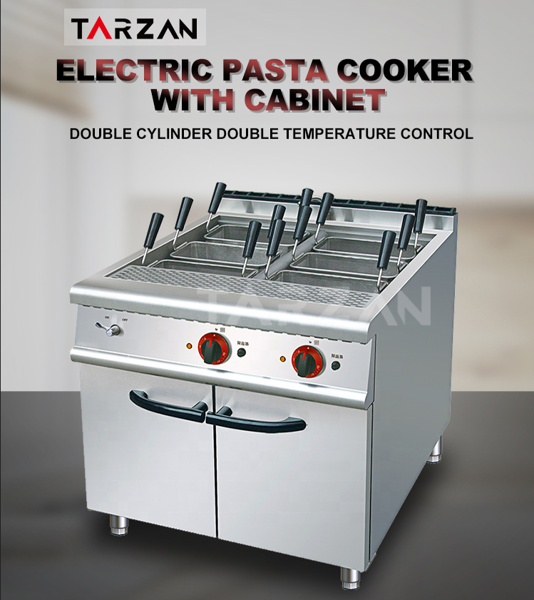 Commercial electric pasta cooker with cabinet featuring double cylinder dual temperature control