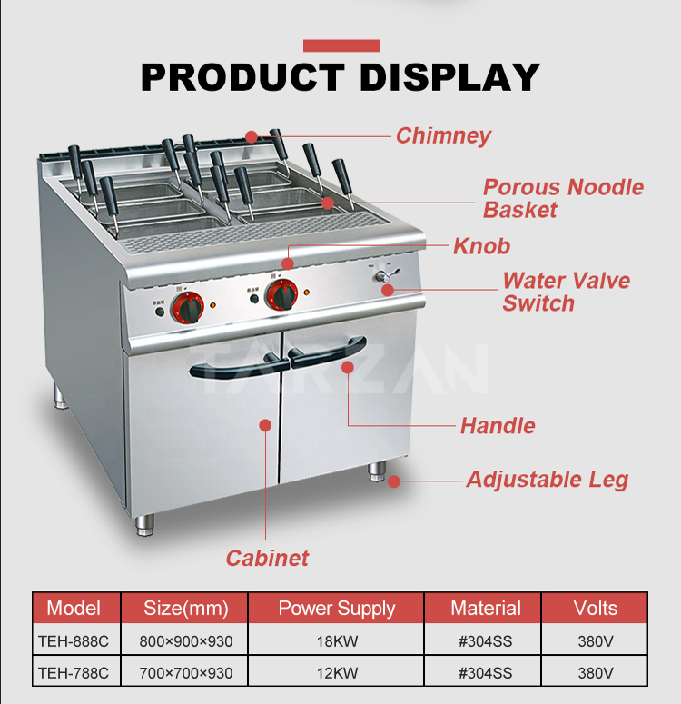 Component diagram and specification comparison chart for TEH-888C and TEH-788C pasta cookers