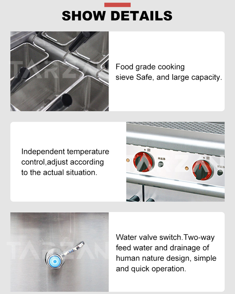 Detailed view of food grade porous baskets independent thermostat dials and water valve switch