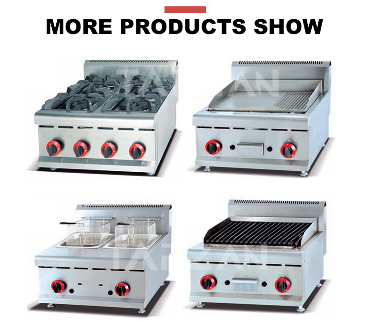 Commercial kitchen countertop cooking suite showing gas ranges griddles fryers and grills