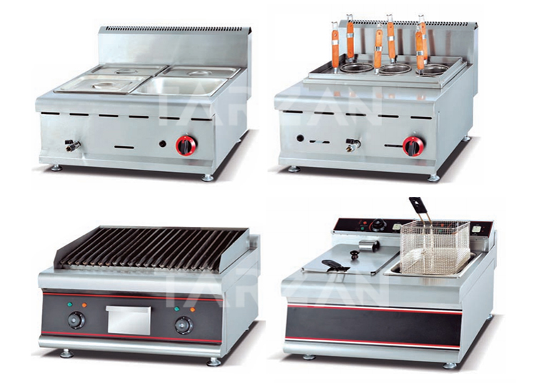 Commercial countertop equipment line combining bain marie noodle boiler grill and fryer