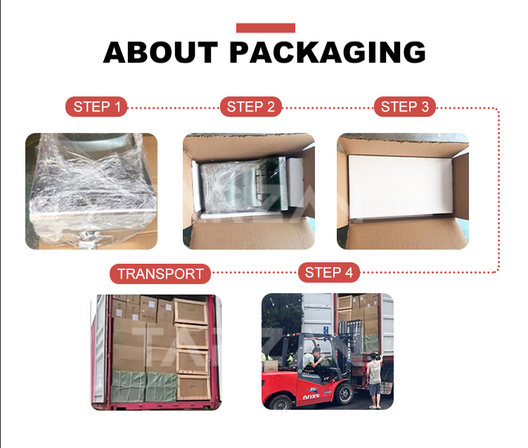 Four-step export packaging process showing protective film foam padding carton and crating