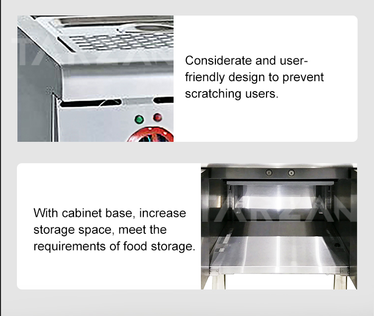Close-up view of anti-scratch curved front lip and spacious enclosed lower storage cabinet base