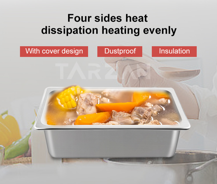 Four sided heat dissipation structure and food grade stainless steel pan with dustproof cover