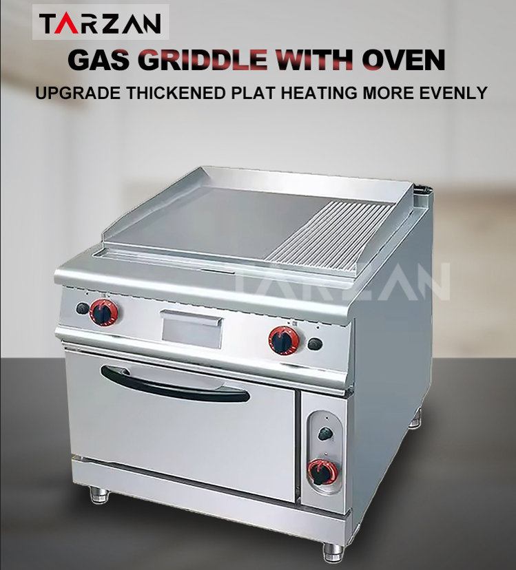 Commercial gas griddle with oven featuring upgrade thickened plate for even heat distribution
