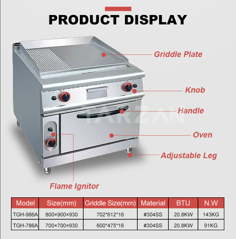 Component diagram and specification comparison chart for TGG-786A and TGG-986A gas griddle ranges
