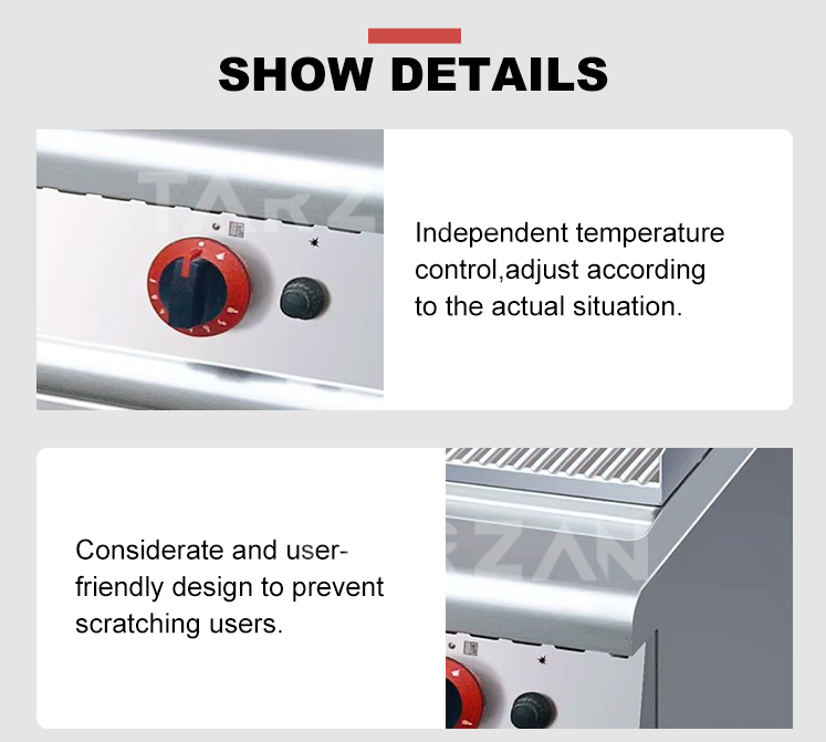 Close-up view of independent gas thermostat knob piezo flame ignitor and anti-scratch curved lip
