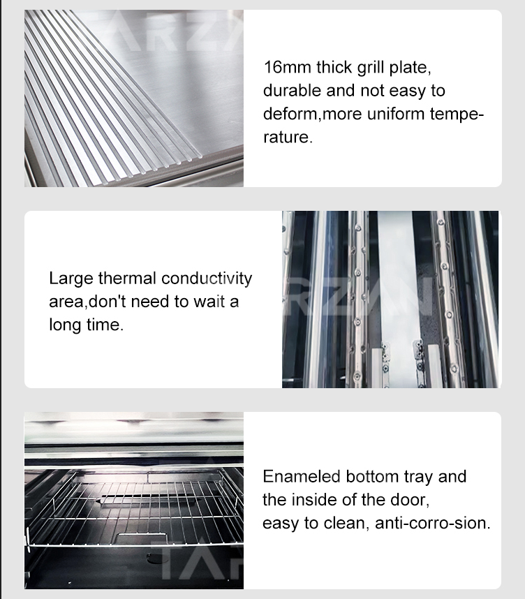 Detailed view of 16mm thick griddle plate high-conductivity gas burners and enameled oven cavity