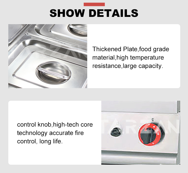 Detailed view of thickened stainless steel GN food pan with lid and precision gas flame control knob