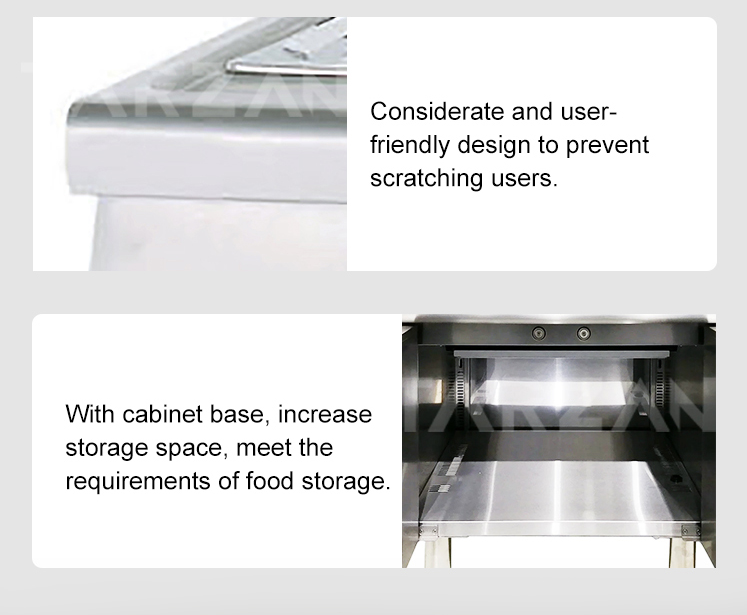 Detailed view of anti-scratch curved front profile edge and spacious lower stainless steel storage cabinet