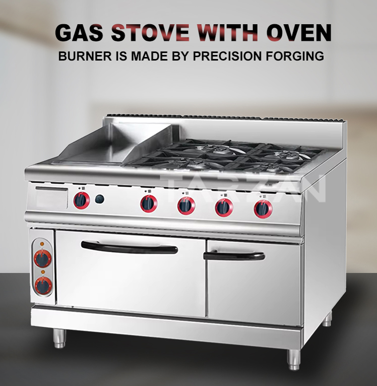 Commercial gas range with oven TGH-996A freestanding stainless steel 4-burner cooking range with griddle