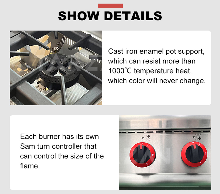 Detailed view of 1000C cast iron enamel burner pot support and independent flame control knobs