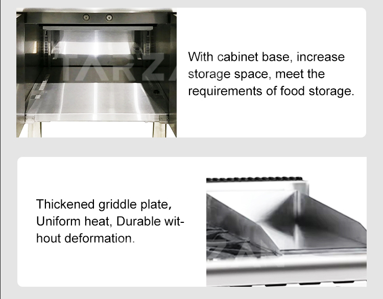Detailed view of lower stainless steel storage cabinet base and thickened griddle plate with splash apron