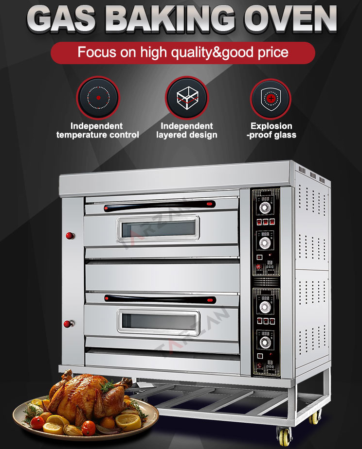 Commercial gas deck oven TGO-24 stainless steel 2 deck baking oven on mobile stand with casters