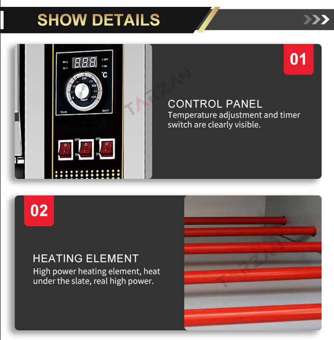 Detailed view of digital temperature control panel timer switches and under-deck high power heating elements