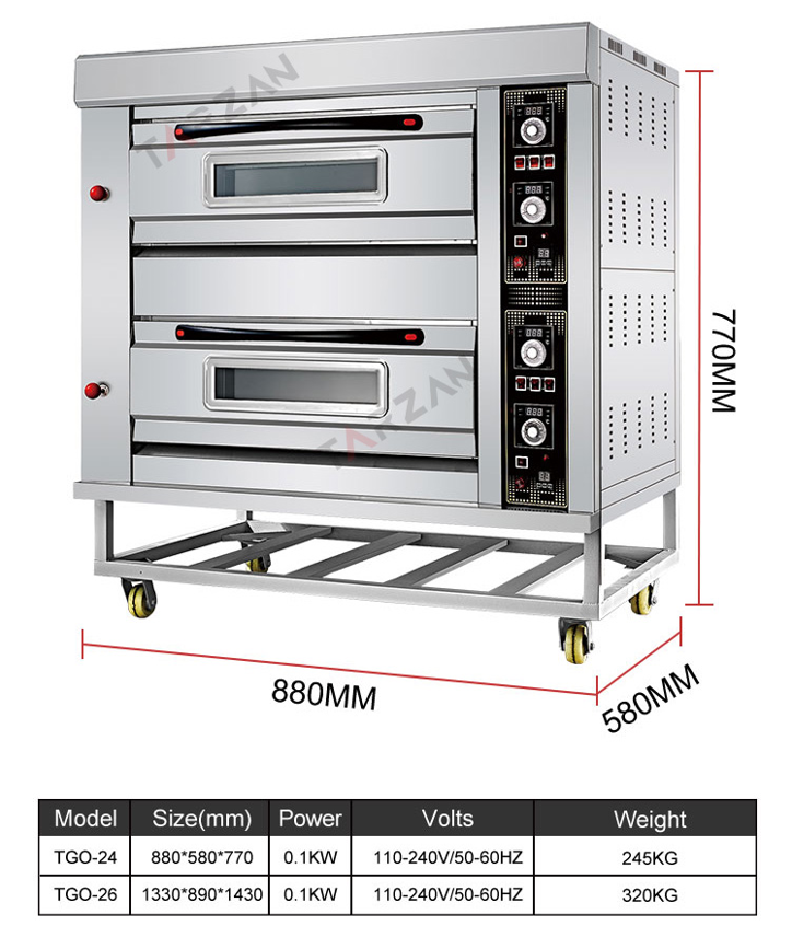 Dimensional diagram and technical specification chart for TGO-24 and TGO-26 commercial gas deck ovens