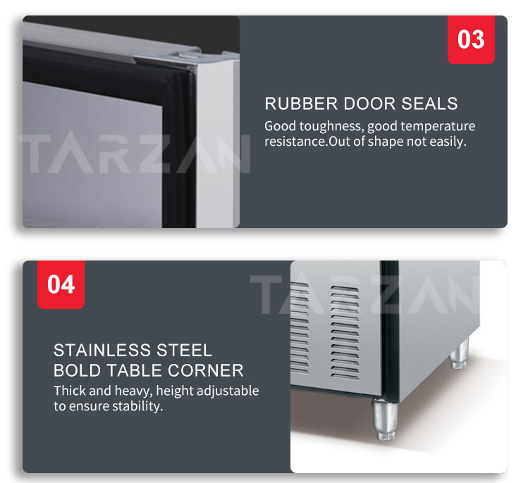 Detailed view of thickened rubber door gasket seal and adjustable stainless steel bullet legs