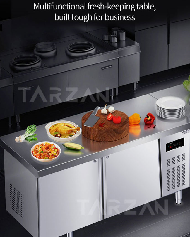 Multifunctional stainless steel refrigerated worktable top in commercial restaurant prep kitchen