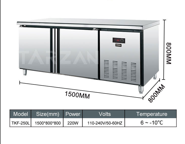 Dimensional diagram and technical specifications for TKF-250L undercounter kitchen freezer