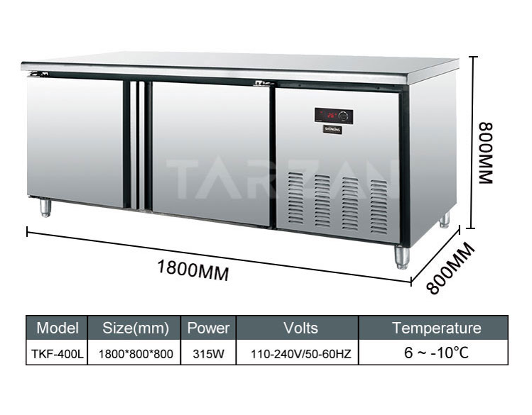 Dimensional comparison diagram showing 1800mm TKF-400L model undercounter freezer unit
