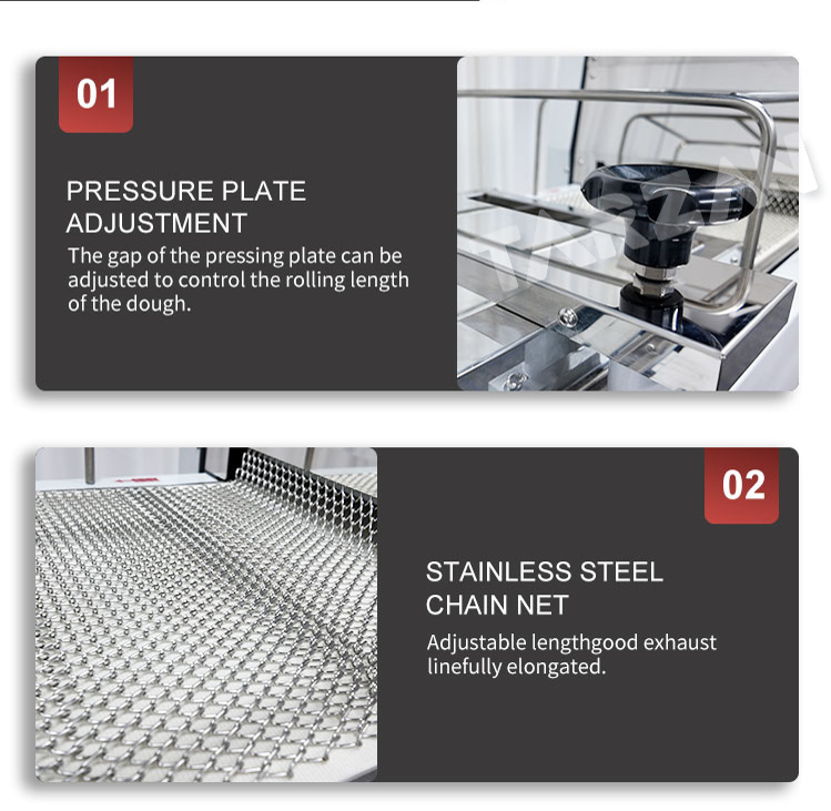Detailed view of pressure plate adjustment knob and stainless steel chain net for dough rolling