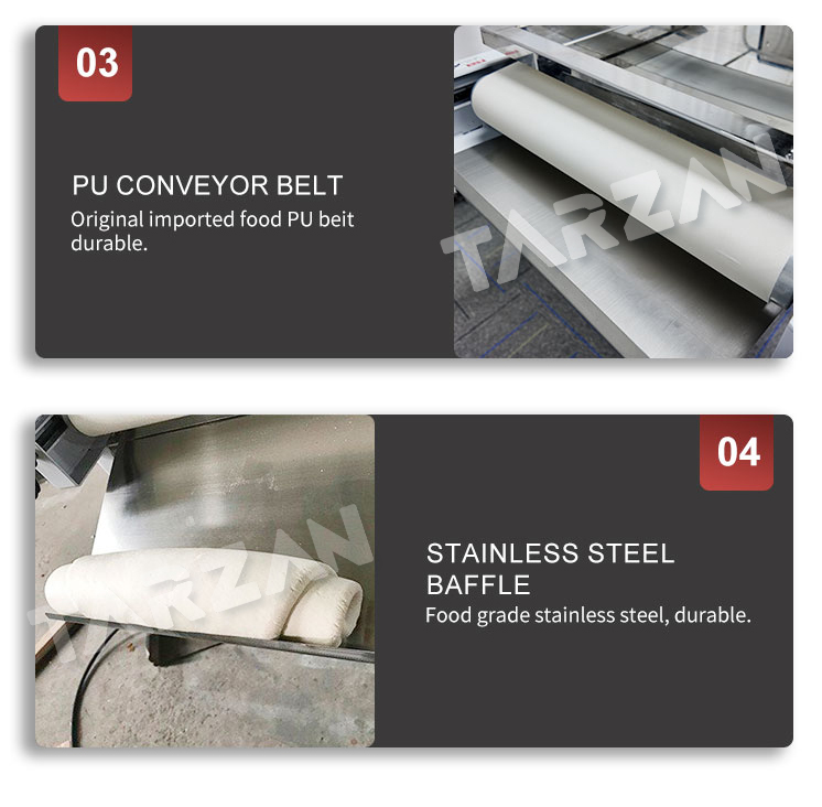 Detailed view of food grade PU conveyor belt and stainless steel baffle discharging rolled toast dough