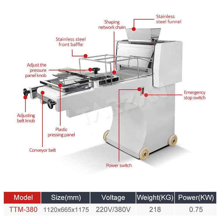 Component callout diagram and technical specification chart for TTM-380 commercial toast moulder
