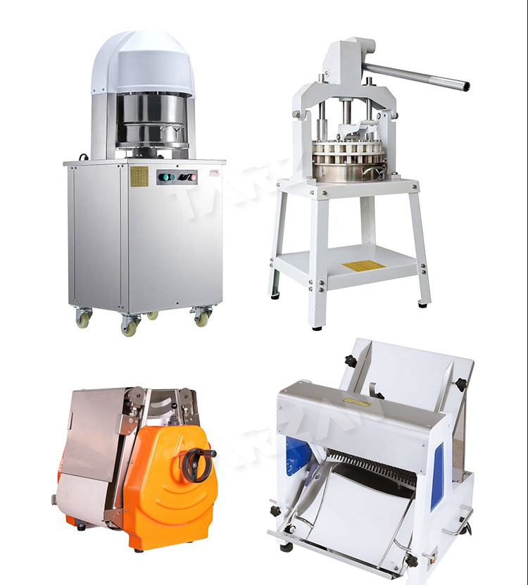 Commercial bakery equipment lineup including hydraulic dough divider rounder and bread slicer