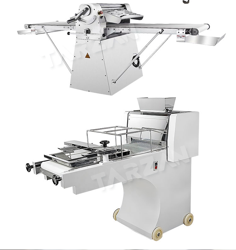 Commercial bakery preparation setup comparing dough sheeter and toast dough moulder machine