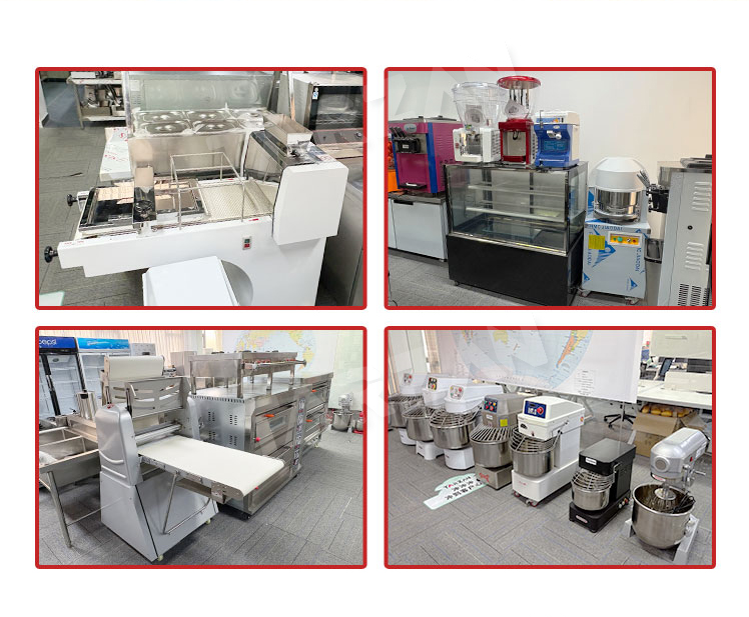 Commercial baking machinery showroom display featuring toast moulders dough sheeters and spiral mixers