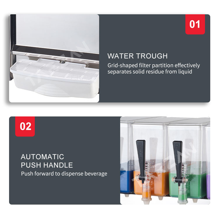 Detailed view of removable grid water trough drip tray and automatic push dispense handles