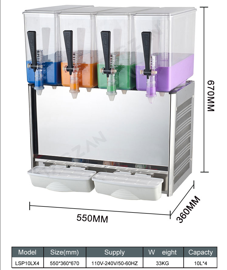 Dimensional diagram and technical specifications for LSP10LX4 commercial refrigerated juice dispenser