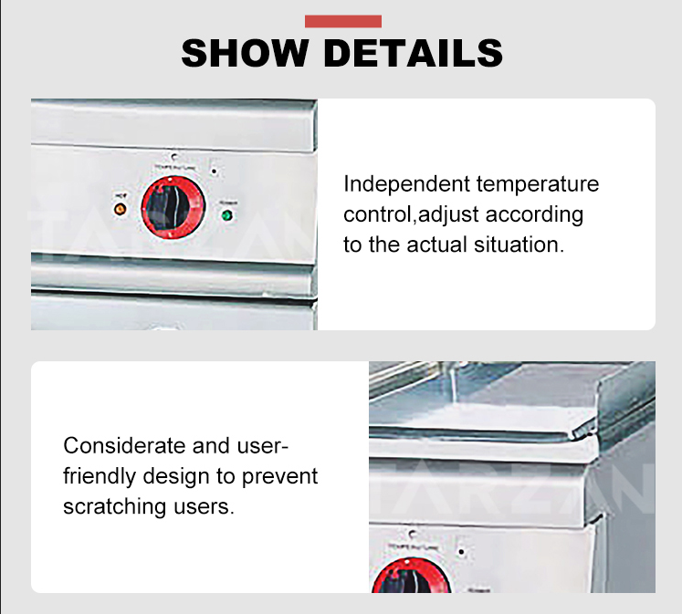 Commercial electric griddle TEG-876Z independent rotary thermostat knob and anti scratch safety edge details