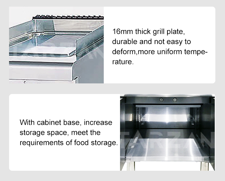 Commercial electric griddle TEG-876Z 16mm thick grill plate and lower stainless steel storage cabinet interior