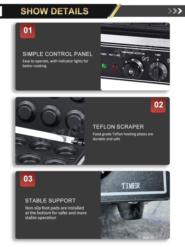 Detailed view of control panel non-stick teflon heating plates and non-slip rubber feet