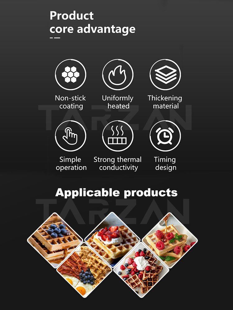 Core advantages diagram highlighting rapid thermal conductivity timing design and waffle tart applications