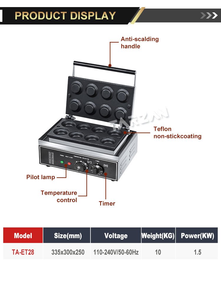 Dimensional specification and component breakdown chart for TA-ET28 tart maker