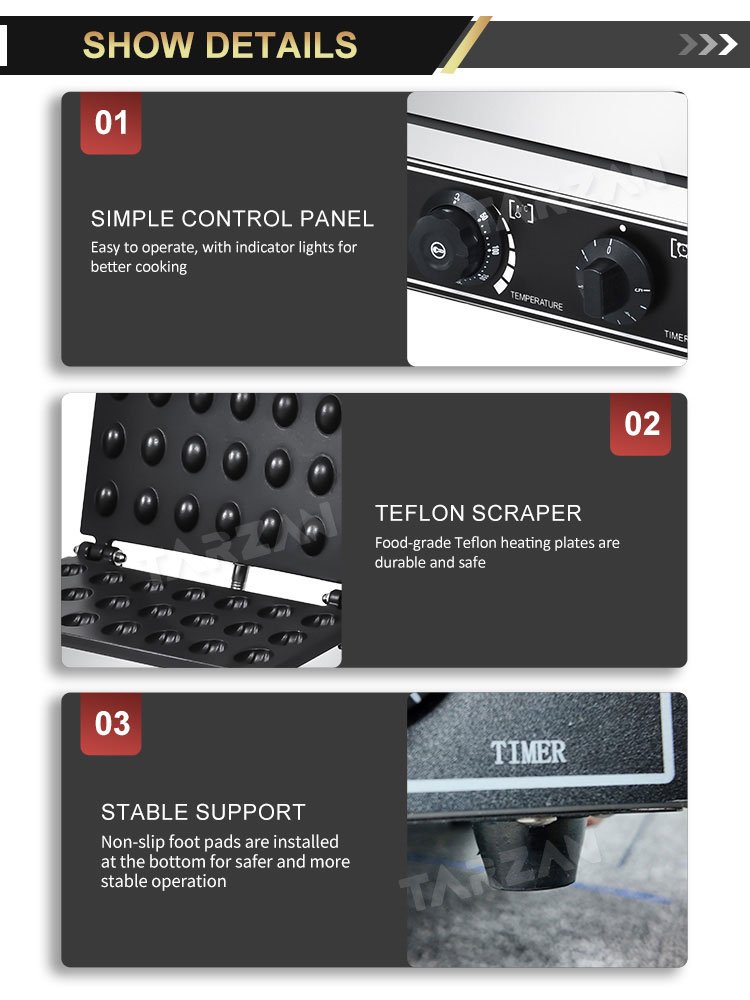 Detailed view of simple control panel non-stick teflon plates and stable rubber feet