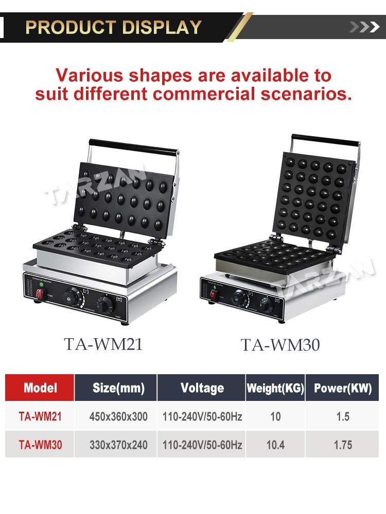Dimensional specification comparison chart for TA-WM21 and TA-WM30 waffle machines